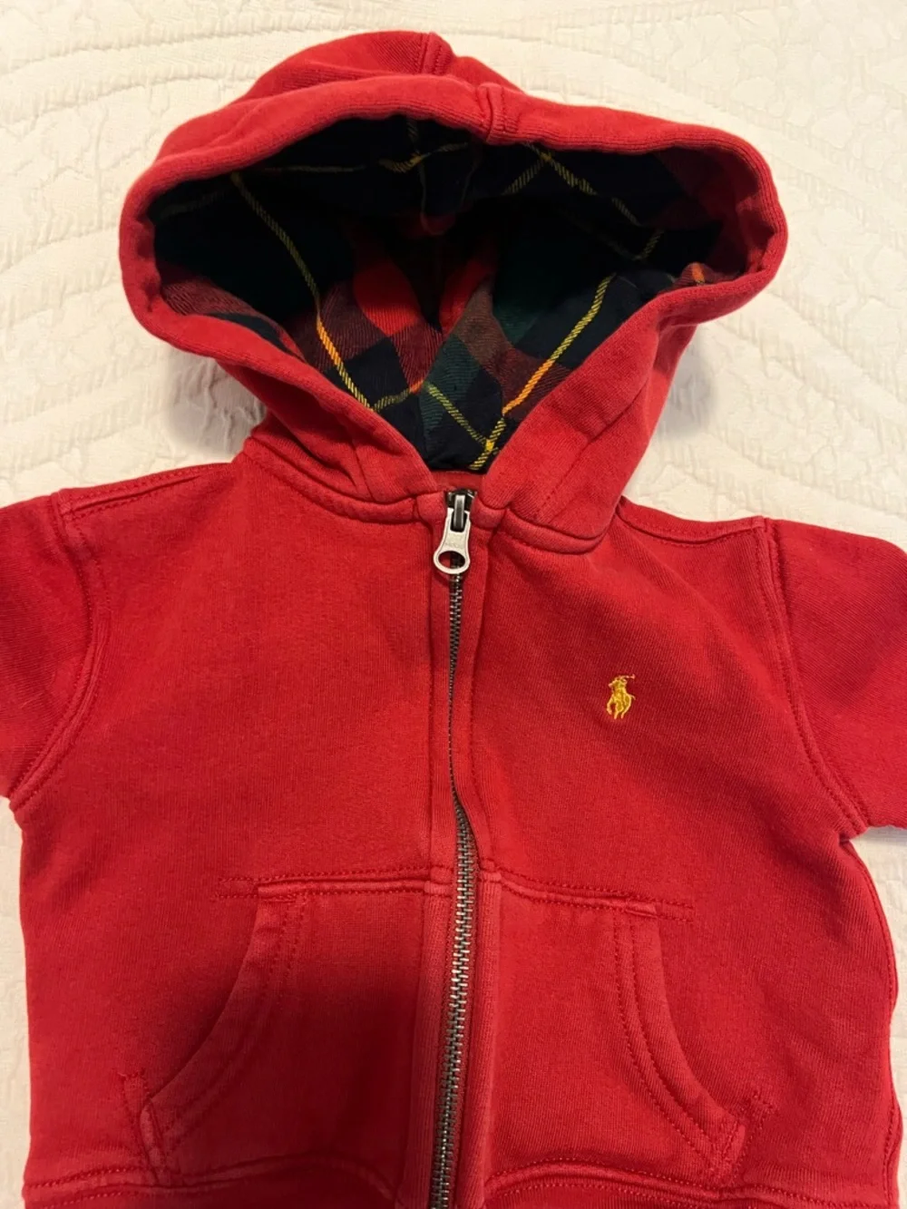 Ralph Lauren Red Hooded Zip Sweatshirt with Plaid Lining